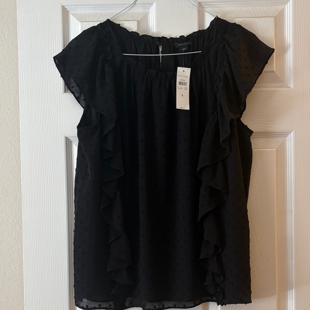 Ann Taylor Black Ruffle Sleeve Dot-Blouse